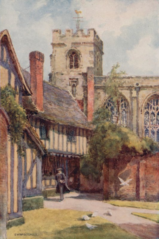 A Gimnázium és a Céh-kápolna, Stratford-on-Avon (színes litó) alkotó: Ernest William Haslehust