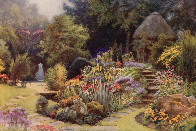 Japán kert, Rufford Abbey (színes litho) alkotó: Ernest William Haslehust