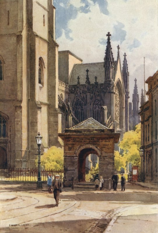 A régi kút háza és a plébániatemplom, Leamington (színes litó) alkotó: Ernest William Haslehust