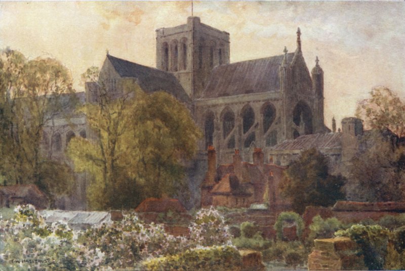 Winchester katedrális a Deanery Gardensből (színes litó) alkotó: Ernest William Haslehust