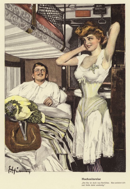 Házaspár nászútra megy alvó vonaton (színes litho) alkotó: Ernst (after) Heilemann