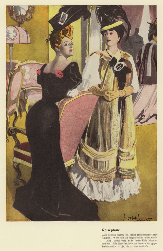Két nő a nyaralási utazási tervekről beszélget (színes litho) alkotó: Ernst (after) Heilemann