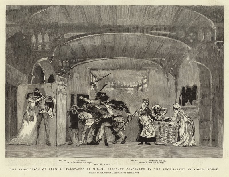 Verdi Falstaffjának milánói előadása, Falstaff a Ford-házban lévő kosárban elrejtett Falstaff alkotó: Ettore Tito