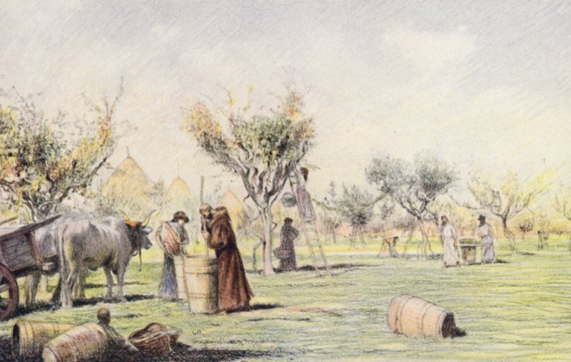 Giles szerzetes dolgozik a szőlőskertben (színes litográfia) alkotó: Eugene (after) Burnand