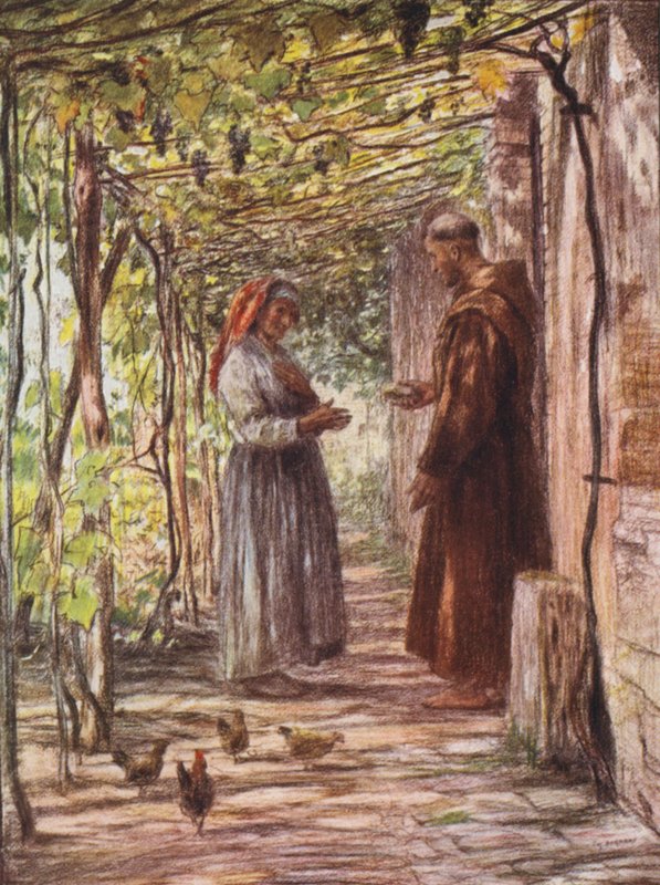 Masseo szerzetest kinevezik ajtónállónak (színes litográfia) alkotó: Eugene (after) Burnand