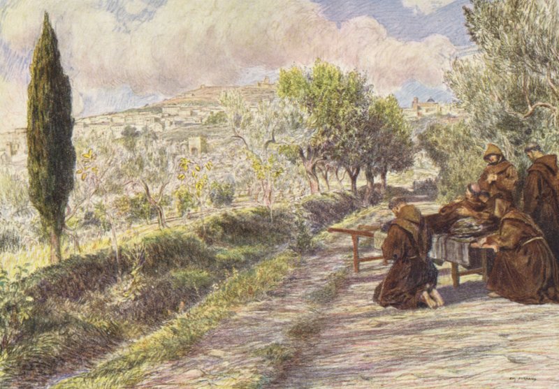 Szent Ferenc megáldja Assisi városát (színes litográfia) alkotó: Eugene (after) Burnand