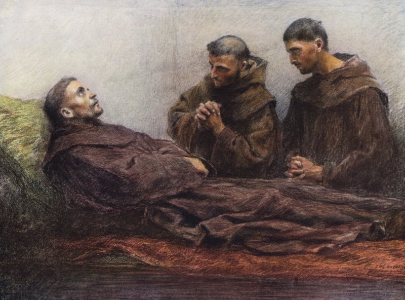 Beteg Szent Ferenc az assisi püspöki palotában (színes litográfia) alkotó: Eugene (after) Burnand