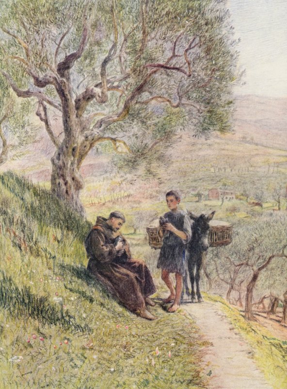 Szent Ferenc megszelídíti a vadgalambokat (színes lithó) alkotó: Eugene (after) Burnand