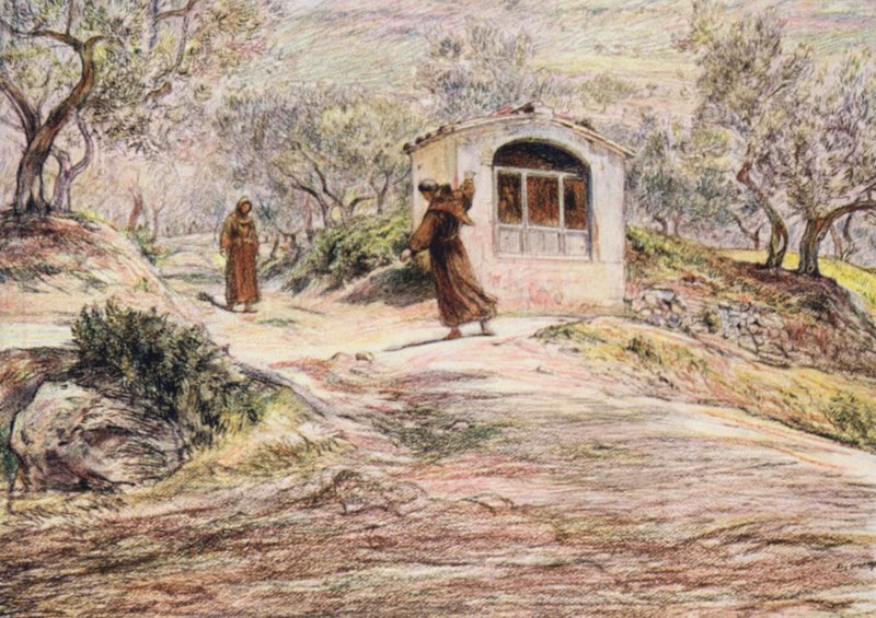 Szent Ferenc többször is megfordítja Masseo szerzetest, hogy megtalálja az utat, amelyen mennie kell (színes litográfia). alkotó: Eugene (after) Burnand