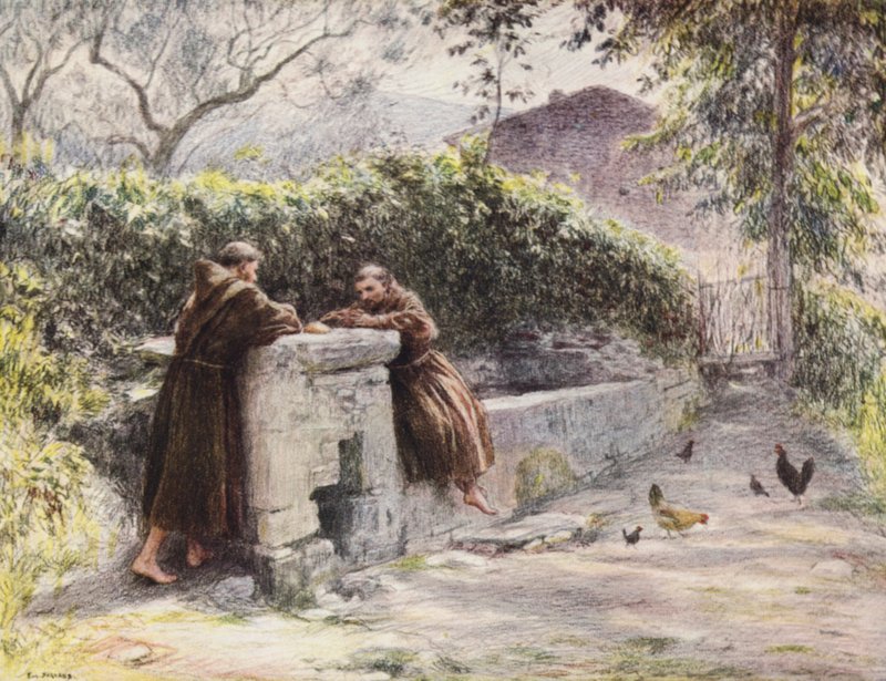 Szent Ferenc és Masseo szerzetes lakomája a szökőkútnál, Szent Ferenc dicséri a szegénységet (színes litográfia) alkotó: Eugene (after) Burnand