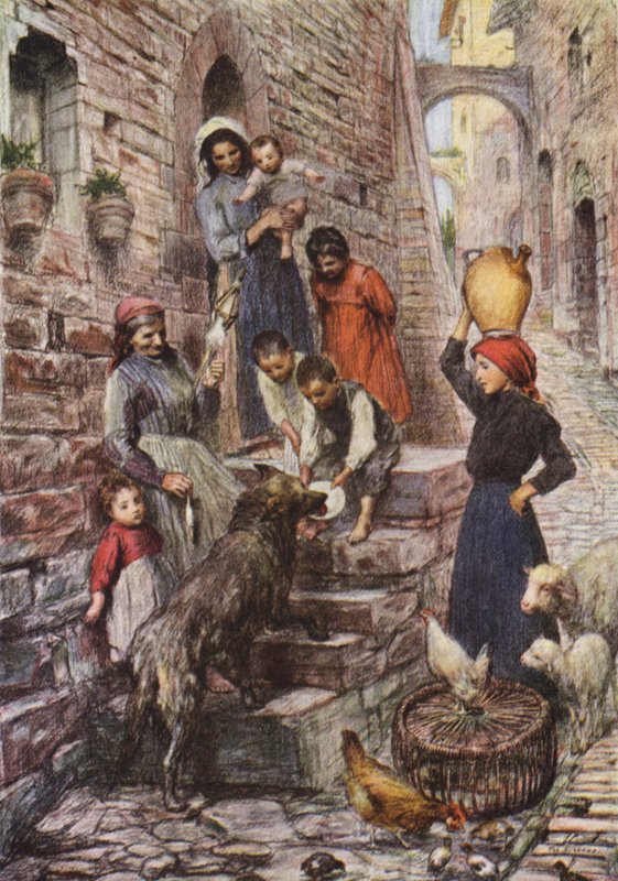A gubbiói farkas megtérése után (színes litográfia) alkotó: Eugene (after) Burnand
