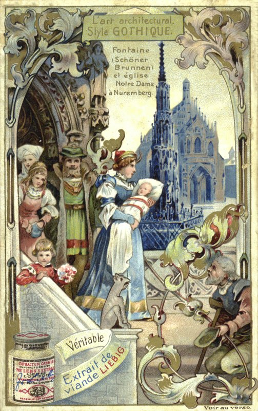 gótikus építészet; Schoener Brunnen szökőkút és Frauenkirche, Nürnberg (chromolitho) alkotó: European School
