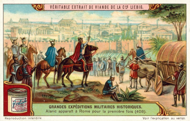 Alaric, a vizigótok királya először érkezik Róma kapuihoz, 408 (chromolitho) alkotó: European School