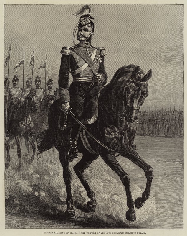 XII. Alfonz, spanyol király a 15. Schleswig-Holstein ulánusok egyenruhájában (metszet) alkotó: European School