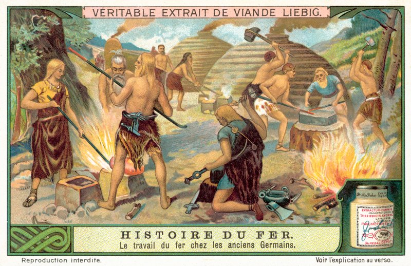 Az ókori germán törzs vasfegyvereket készít (chromolitho) alkotó: European School