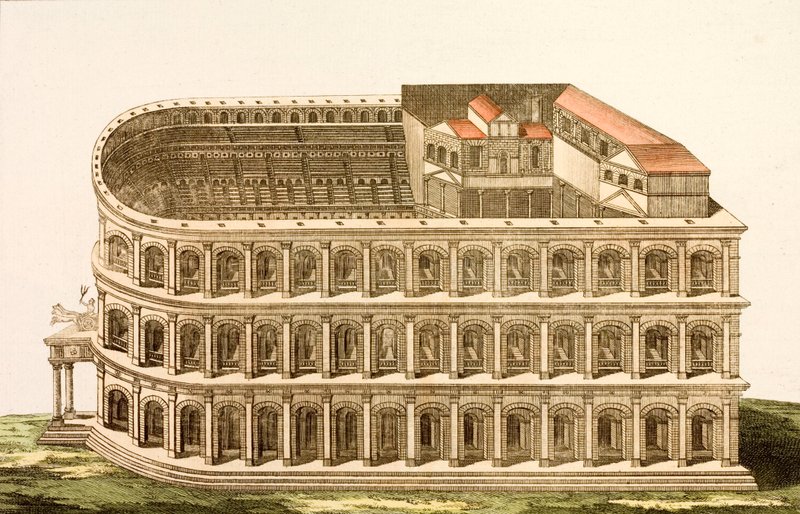 Marcellus ókori római színháza, a Kr.e. 1. század végén épült (színes metszet) alkotó: European School