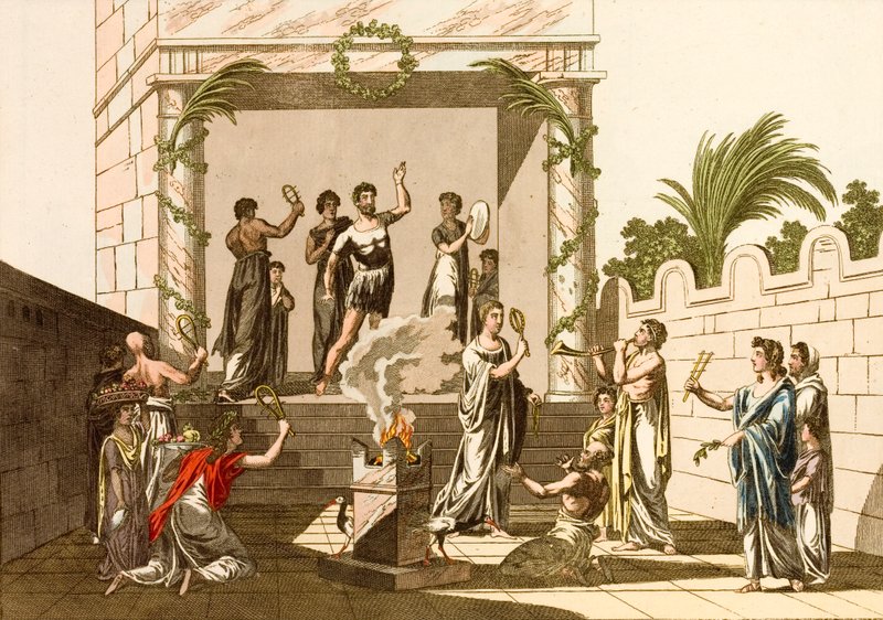 Ízisz szertartásait végrehajtó ókori rómaiak, Pompei (színes metszet) alkotó: European School
