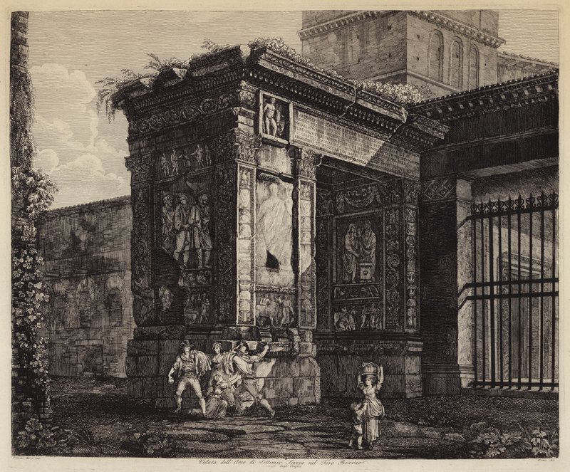Septimius Severus boltíve és Forum Boarium, Róma, Olaszország (metszet) alkotó: European School