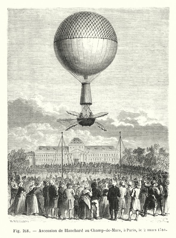 Blanchard felemelkedése a Champ-de-Mars-ra, Párizsban, 1784. március 2. alkotó: European School