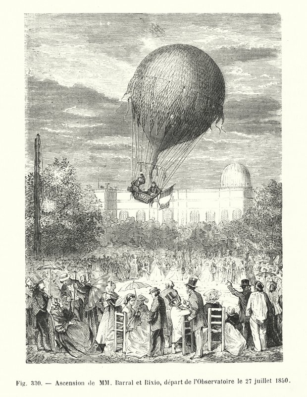 MM Barral és Bixio mennybemenetele, indulás az Obszervatóriumból 1850. július 27-én (metszet) alkotó: European School