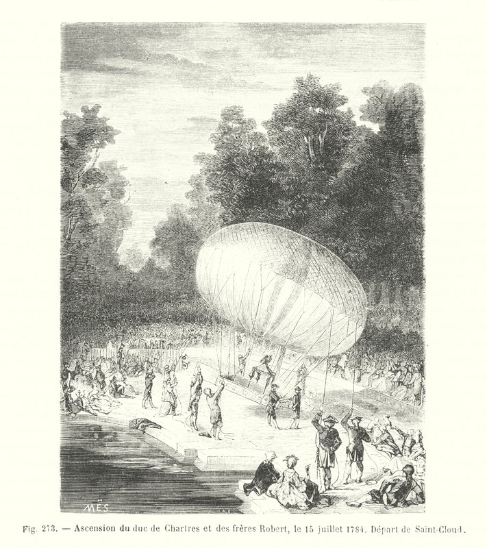 Chartres hercegének mennybemenetele és a Robert fivérek, 1784. július 15., Indulás Saint-Cloudból (metszet) alkotó: European School