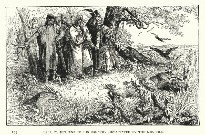 IV. Béla: Visszatérés a mongolok által elpusztított hazájába (metszet) alkotó: European School