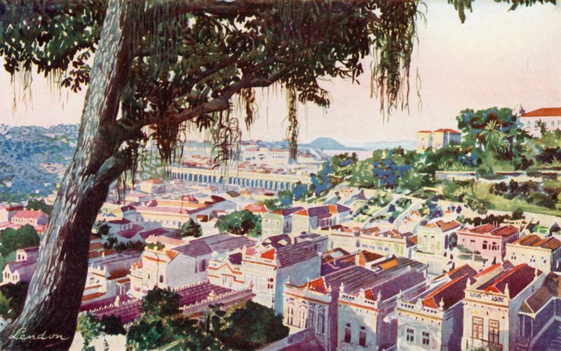 Madártávlatból az ősi Carioca viadukt, amelyen ma a villamosok közlekednek a Santa Thereza-hegyre, az International Hotelbe és a Corcovadóba (színes lithó). alkotó: European School