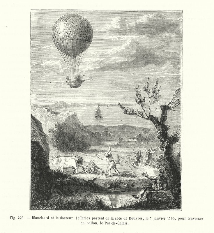 Blanchard és Jefferies doktor 1785. január 7-én elhagyják Dover partját, hogy léggömbön keljenek át a Pas-de-Calais-n (metszet) alkotó: European School