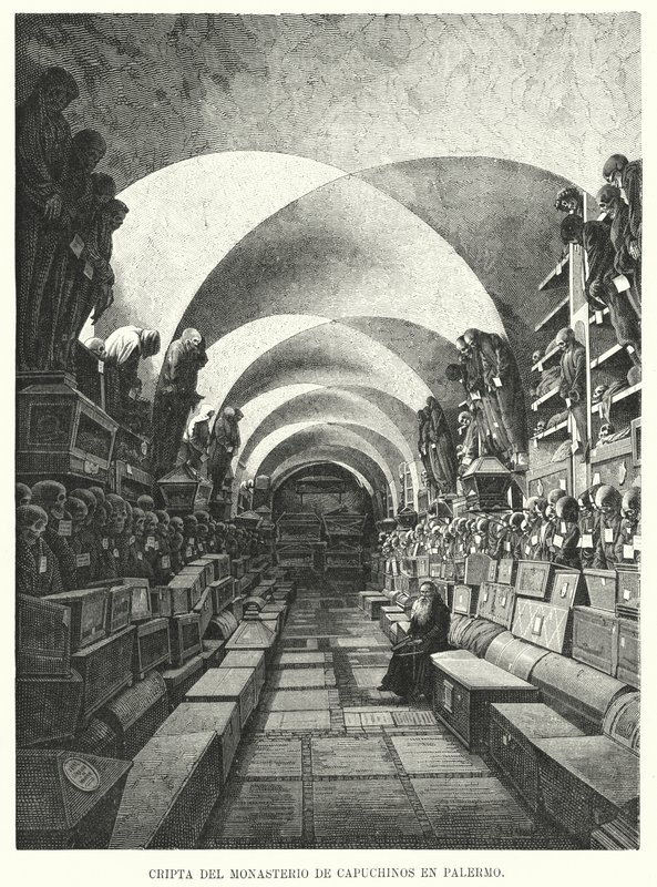 A kapucinus kolostor katakombái, Palermo, Szicília, Olaszország (litho) alkotó: European School