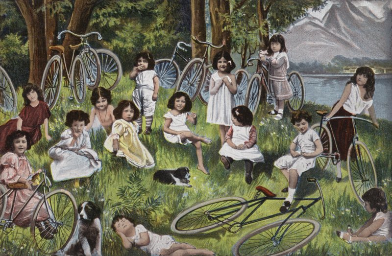 Gyerekek és kerékpárok egy tó mellett Európában (színes litho) alkotó: European School