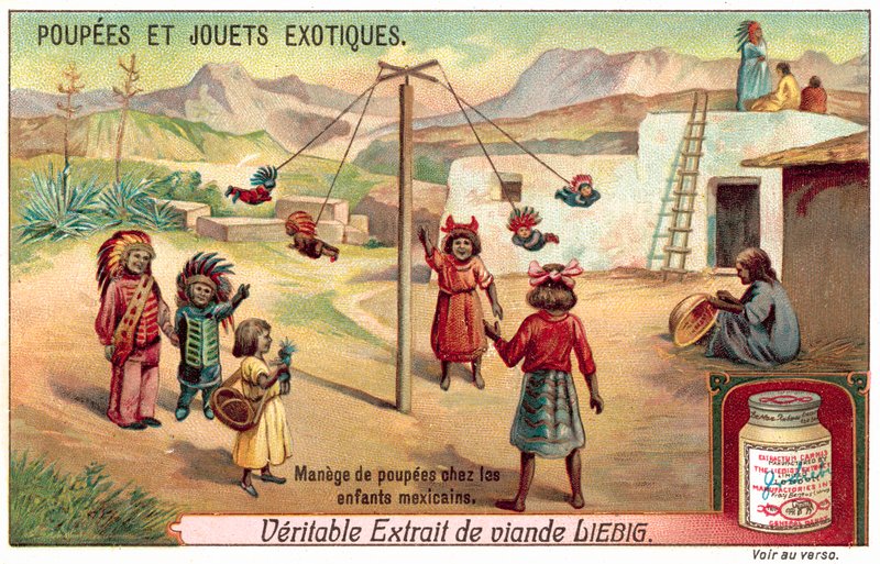 Gyermekek Mexikóban babákkal játszanak a körhintán (chromolitho) alkotó: European School