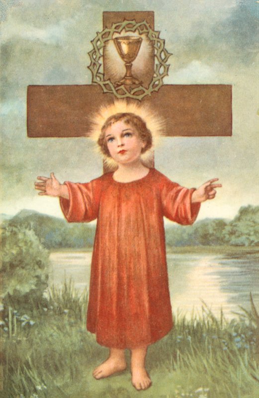 Krisztus gyermek, kereszt, töviskorona és úrvacsorai kehely (színes litográfia) alkotó: European School