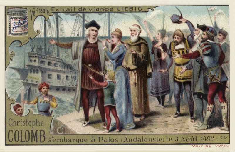 Kolumbusz Kristóf útjára indul az Újvilágba, Palosban, Spanyolországban, 1492. augusztus 3. alkotó: European School