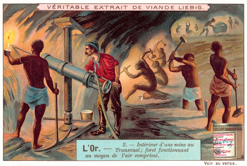 Sűrített levegős fúró egy aranybányában Transvaalban (chromolitho) alkotó: European School