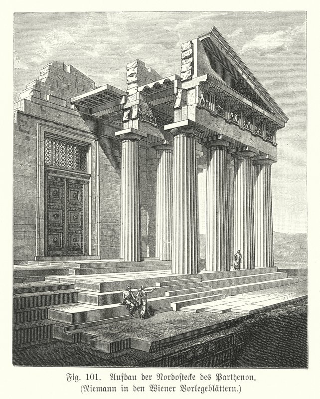 A Parthenon északkeleti sarkának építése, Athén, Ókori Görögország (metszet) alkotó: European School