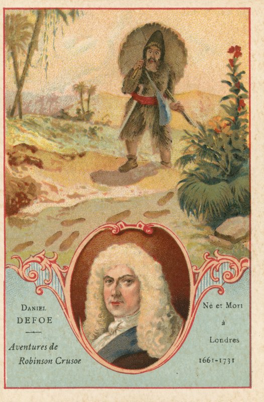 Daniel Defoe, angol regényíró és egy jelenet a Robinson Crusoe-ból alkotó: European School