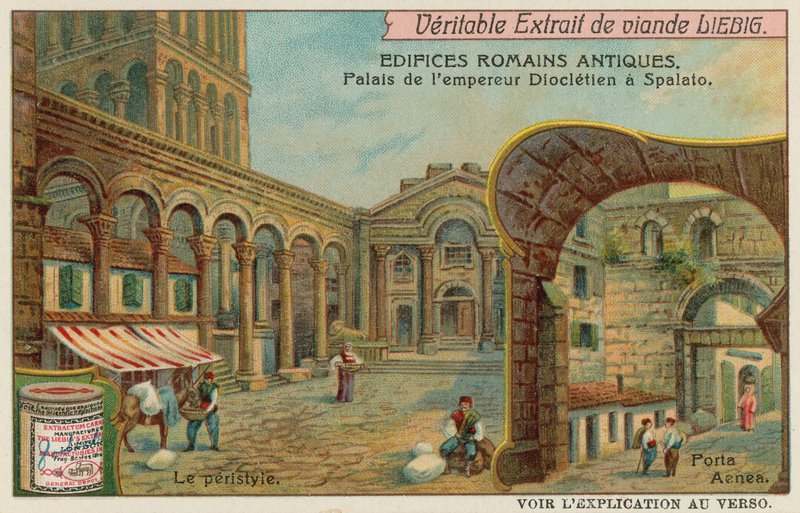 Diocletianus palota Splitben, Horvátországban, a kolonnád és a déli tengeri kapu részleteivel (chromolitho) alkotó: European School