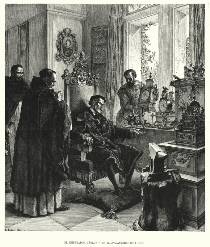 V. Károly császár visszavonul a Yuste-kolostorban, Spanyolországban, miután lemondott a trónról (litho) alkotó: European School