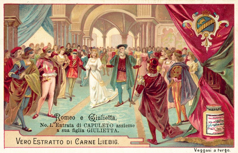 Lord Capulet és lánya, Juliet bejárata a bálba (chromolitho) alkotó: European School