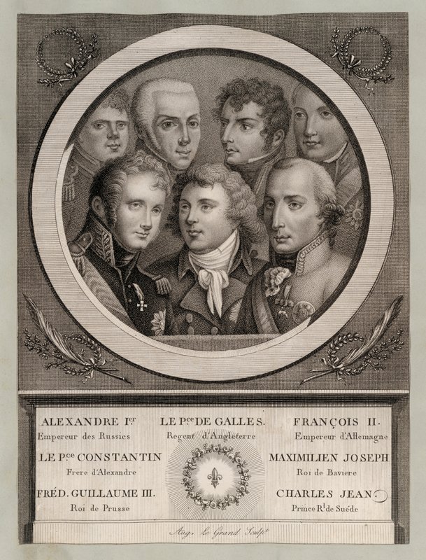 A 19. század eleji európai királyi család: György walesi herceg, III. György király régense, II. Ferenc szent római császár, Konsztantyin Pavlovics orosz nagyherceg, Maximilian József bajor király és a pápai trón várományosa. alkotó: European School