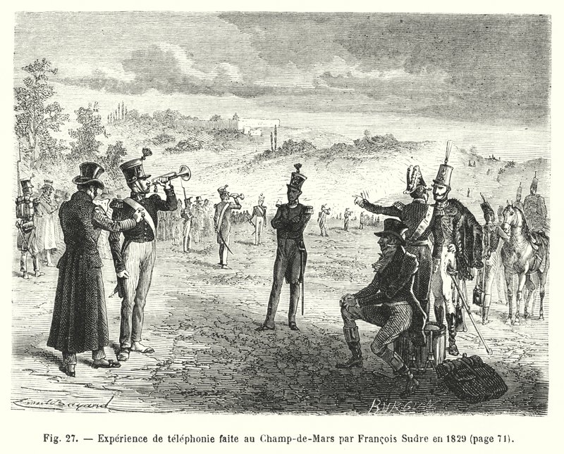 Francois Sudre 1829-ben a Champ-de-Mars-on szerzett telefonálási élmény (metszet) alkotó: European School
