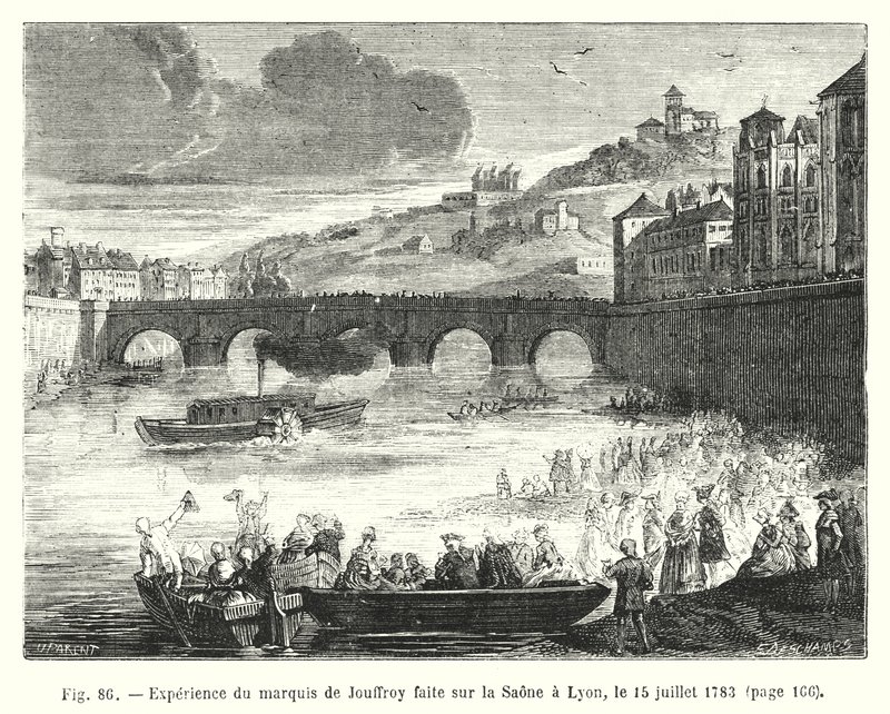 De Jouffroy márki tapasztalata a Saone-n Lyonban, 1783. július 15-én (metszet) alkotó: European School