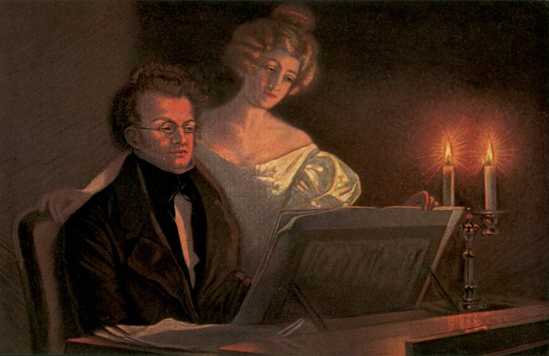 Franz Schubert zongoránál (színes litográfia) alkotó: European School