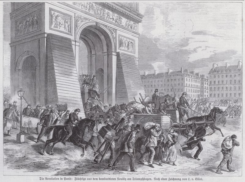 Menekülők a francia hadsereg Neuilly elleni bombázása elől a Diadalív mellett, Párizs Kommün, 1871. április (metszet) alkotó: European School