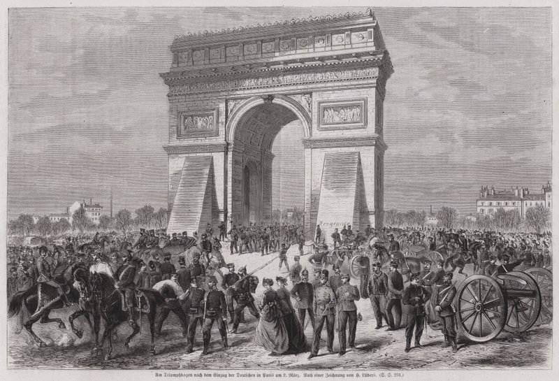 Német katonák a párizsi Diadalívnél, miután győzelmet arattak a francia-porosz háborúban, 1871. március 2. (metszet) alkotó: European School