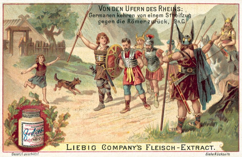Germán harcosok visszatérve a rómaiak elleni portyáról, Kr.u. 9. (chromolitho) alkotó: European School