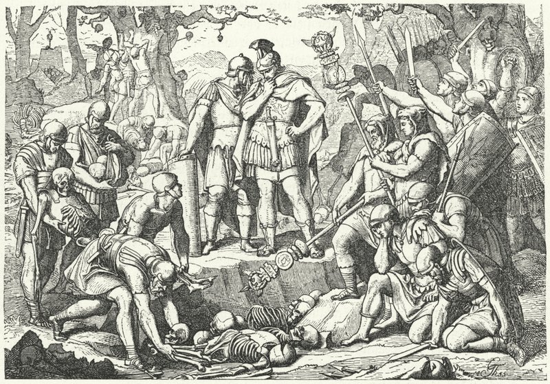 Germanicus eltemeti a Publius Quinctilius Varus által irányított három római légió katonáinak csontjait, akiket a germánok pusztítottak el a teutoburgi erdői csatában Kr.e. 9-ben (metszet) alkotó: European School