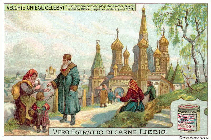 Húsvéti alamizsnaosztás a moszkvai Szent Bazil-székesegyház előtt (chromolitho) alkotó: European School