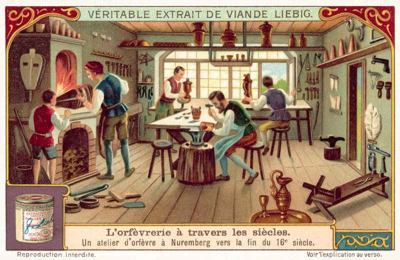 Ötvösműhely Nürnbergben, XVI. század végén (chromolitho) alkotó: European School