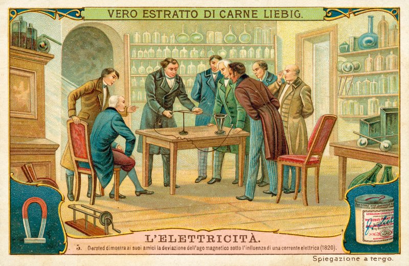 Hans Christian Oersted megmutatja barátainak a mágneses tű eltérését elektromos áram hatására, 1820 alkotó: European School